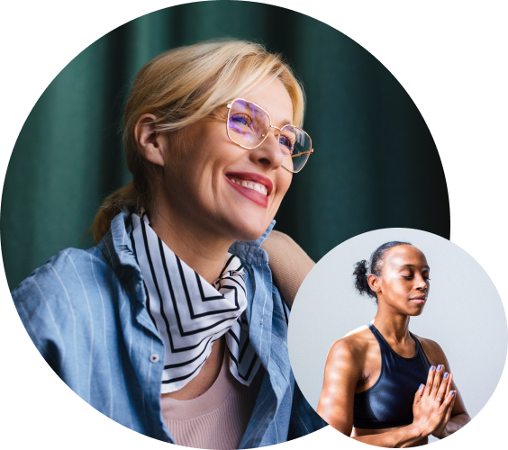 two nested images of a smiling woman with glasses and another woman doing yoga