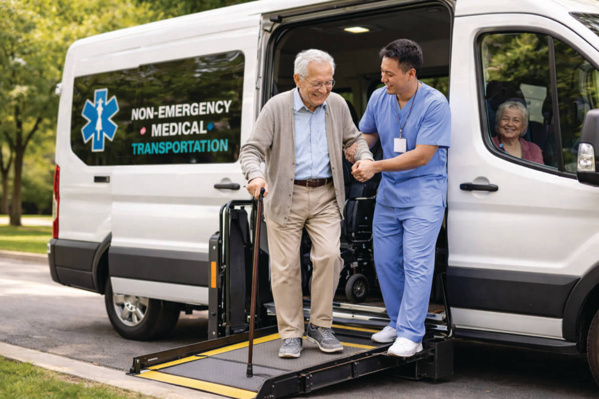 nurse holding a old man getting off a van