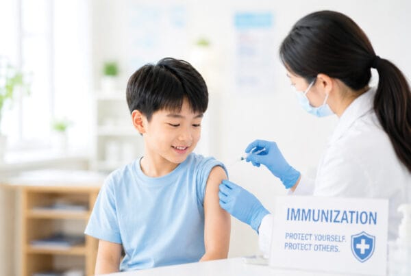 a boy receiving immunization from a nurse.